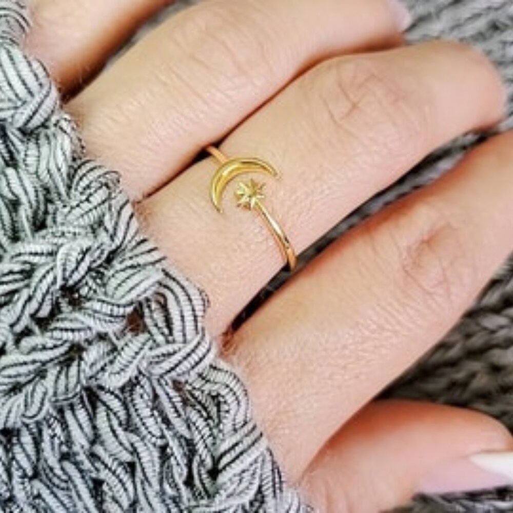 925 Dainty Gold Moon Star Ring, Crescent Moon Ring, Sterling Silver Women Ring